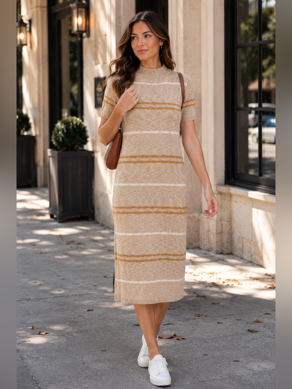 Knot Sisters Sweater Dress Stripe Mock Neck Stretch Midi Short Sleeve